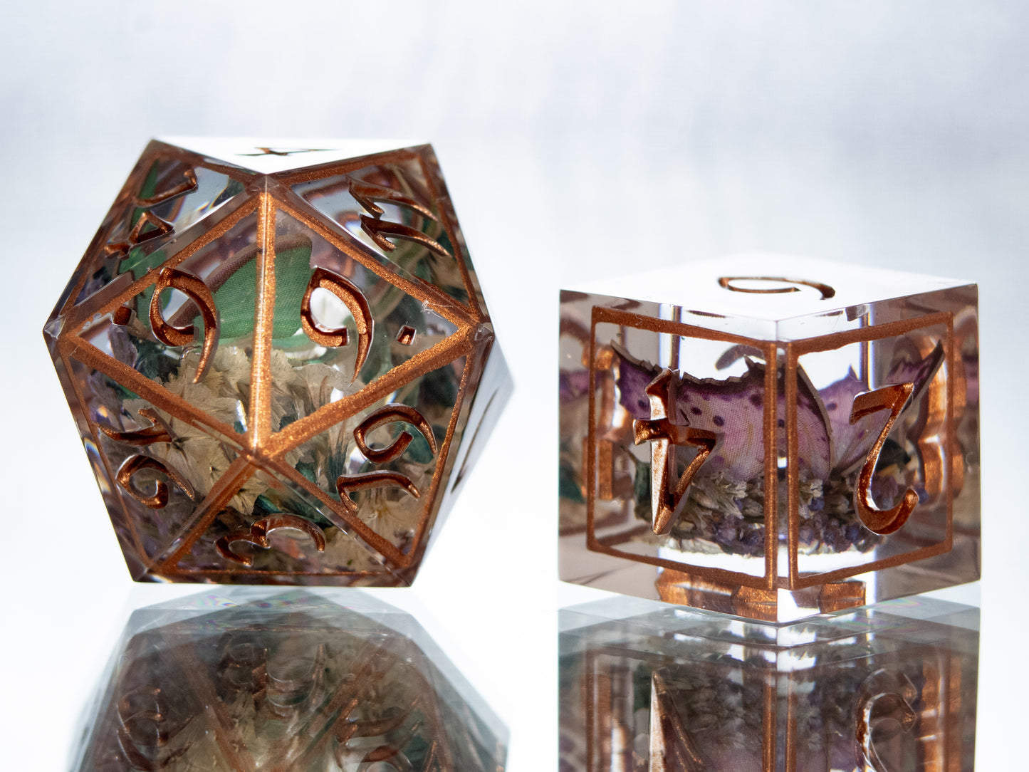 Copper Floral Lepidoptera - 7 Piece Handmade Resin Dice