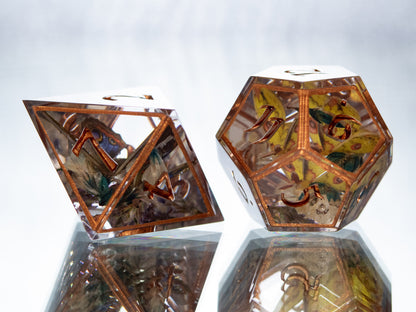 Copper Floral Lepidoptera - 7 Piece Handmade Resin Dice