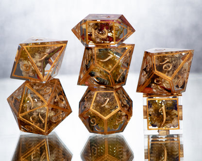 Gold Floral Lepidoptera - 7 Piece Handmade Resin Dice