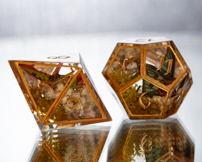 Gold Floral Lepidoptera - 7 Piece Handmade Resin Dice