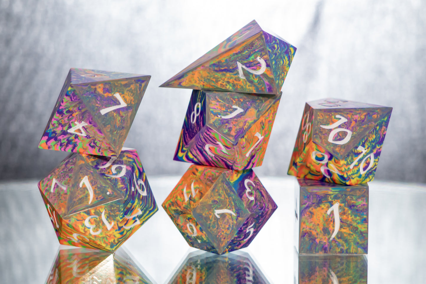 Neon Rainbow Dirty Pour: Alt 7 Piece Handmade Resin Dice