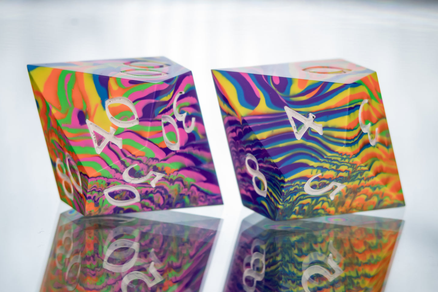 Neon Rainbow Dirty Pour: Alt 7 Piece Handmade Resin Dice