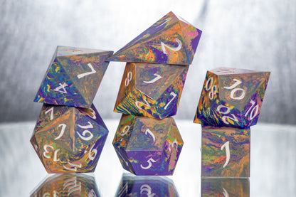 Neon Rainbow Dirty Pour: Alt 7 Piece Handmade Resin Dice