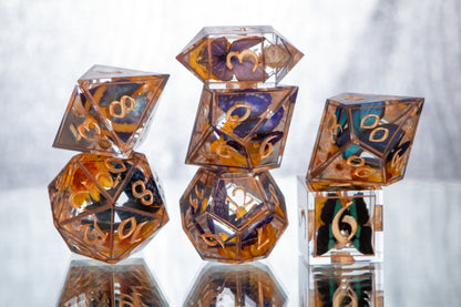 Copper Floral Lepidoptera - 7 Piece Handmade Resin Dice