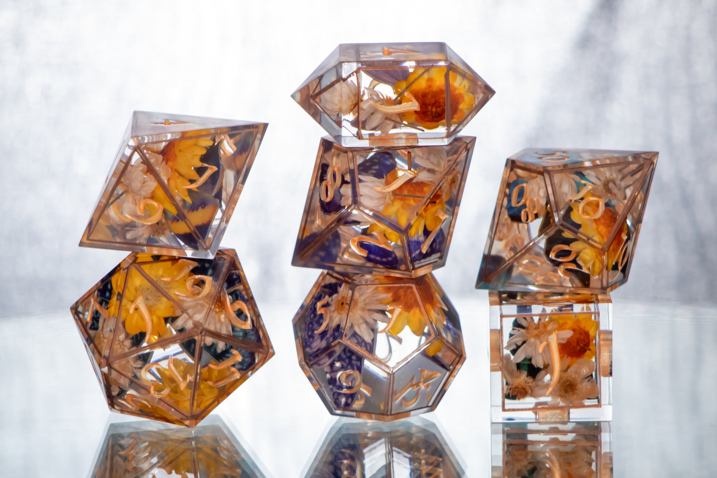 Copper Floral Lepidoptera - 7 Piece Handmade Resin Dice