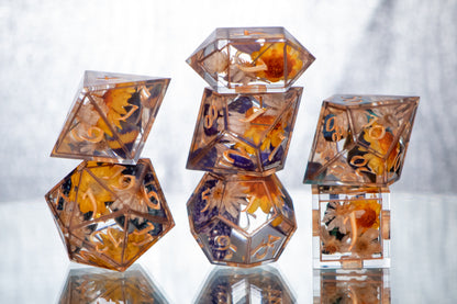 Copper Floral Lepidoptera - 7 Piece Handmade Resin Dice