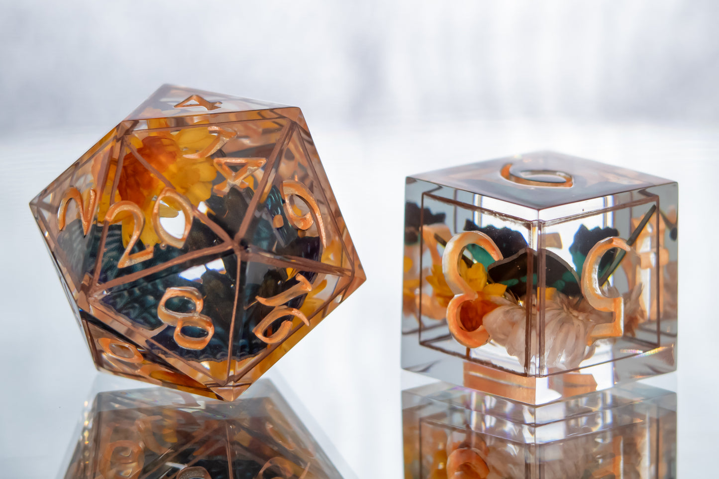 Copper Floral Lepidoptera - 7 Piece Handmade Resin Dice