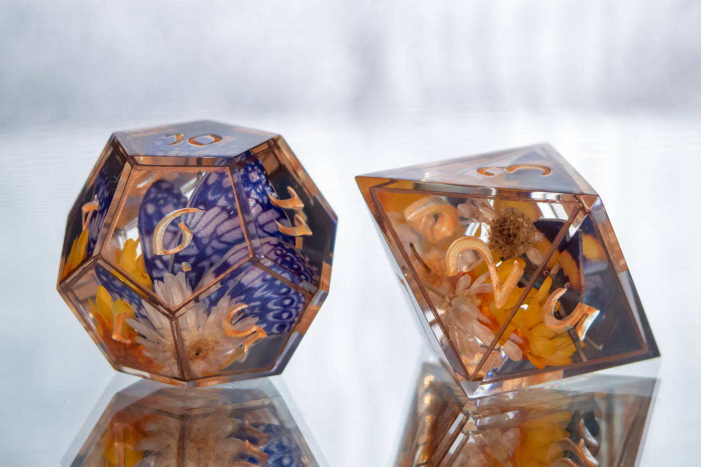 Copper Floral Lepidoptera - 7 Piece Handmade Resin Dice