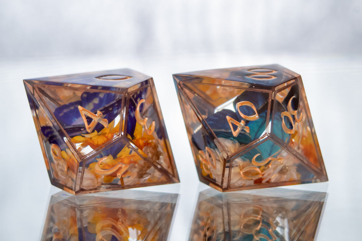 Copper Floral Lepidoptera - 7 Piece Handmade Resin Dice