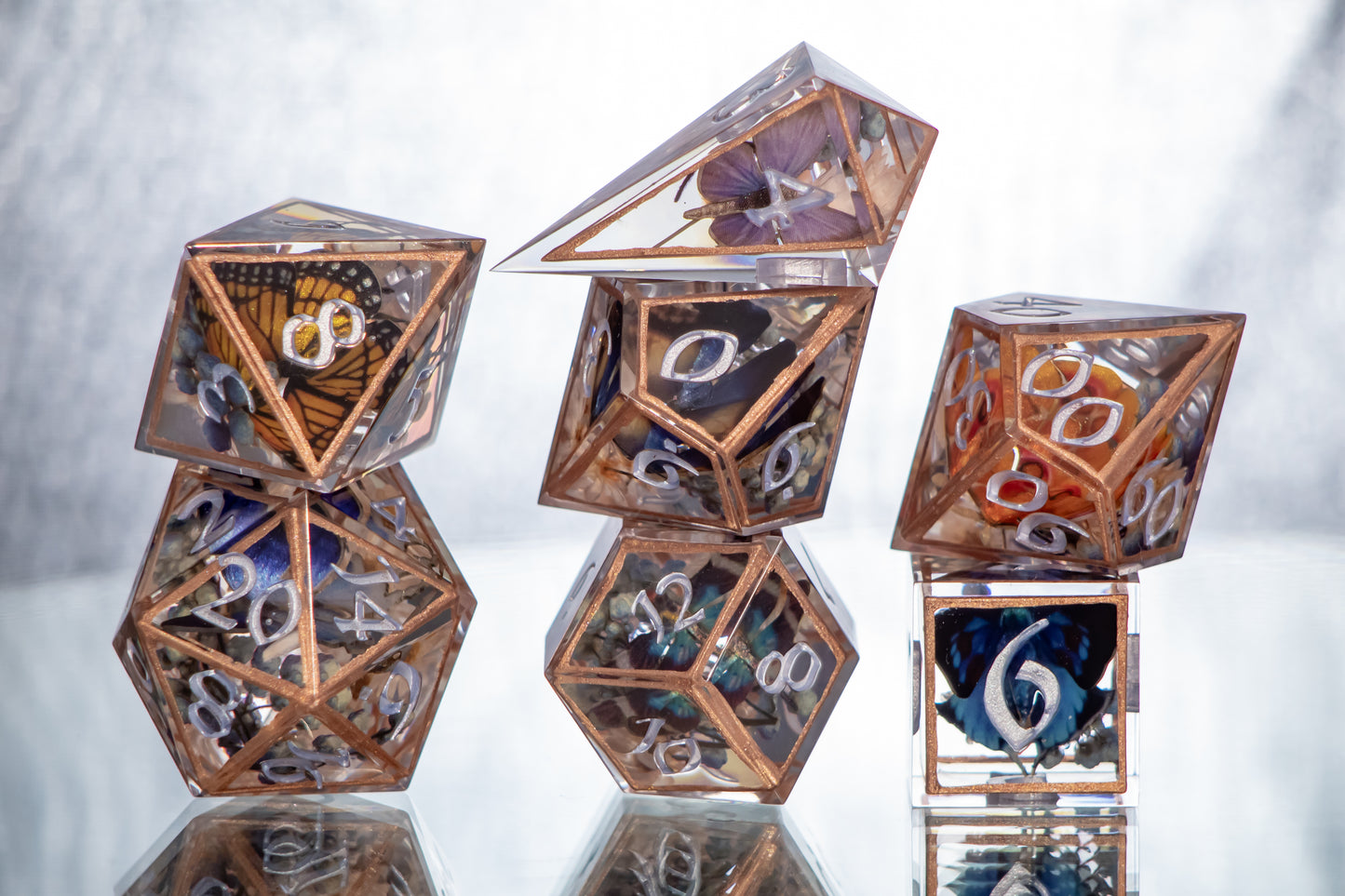 Rose Gold Lepidoptera - Alt 7 Piece Handmade Resin Dice