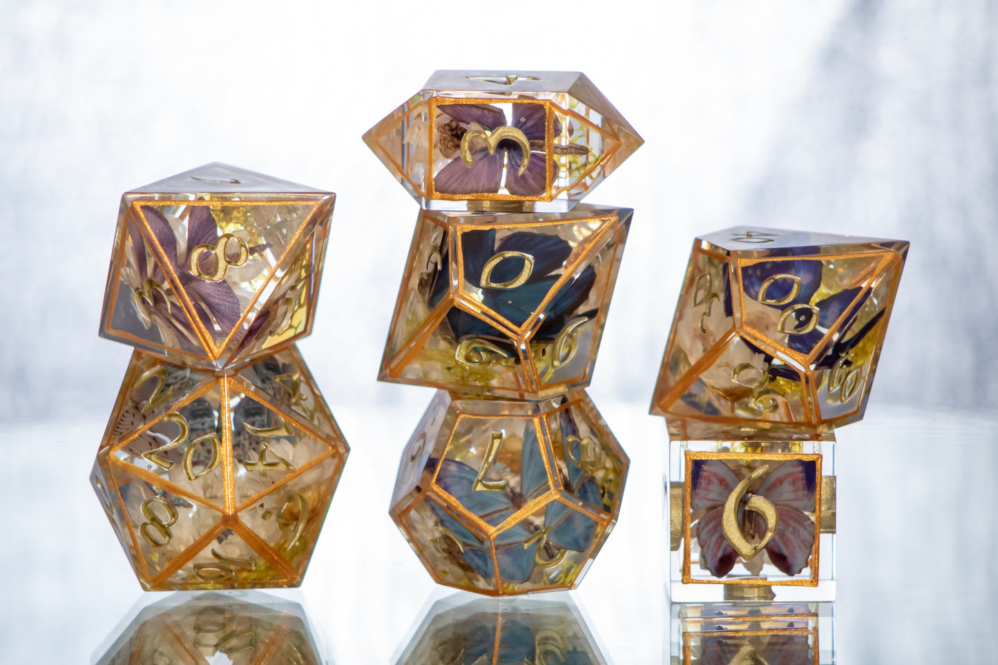 Gold Floral Lepidoptera - 7 Piece Handmade Resin Dice