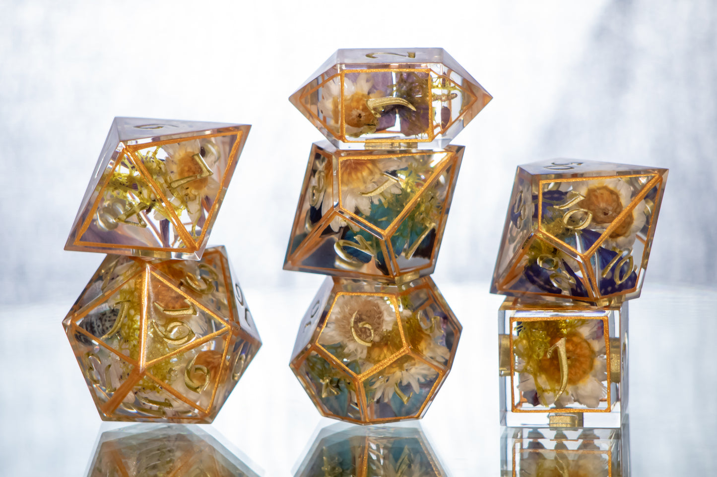 Gold Floral Lepidoptera - 7 Piece Handmade Resin Dice
