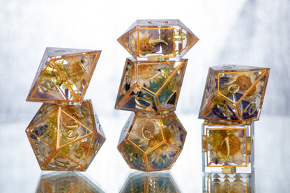 Gold Floral Lepidoptera - 7 Piece Handmade Resin Dice