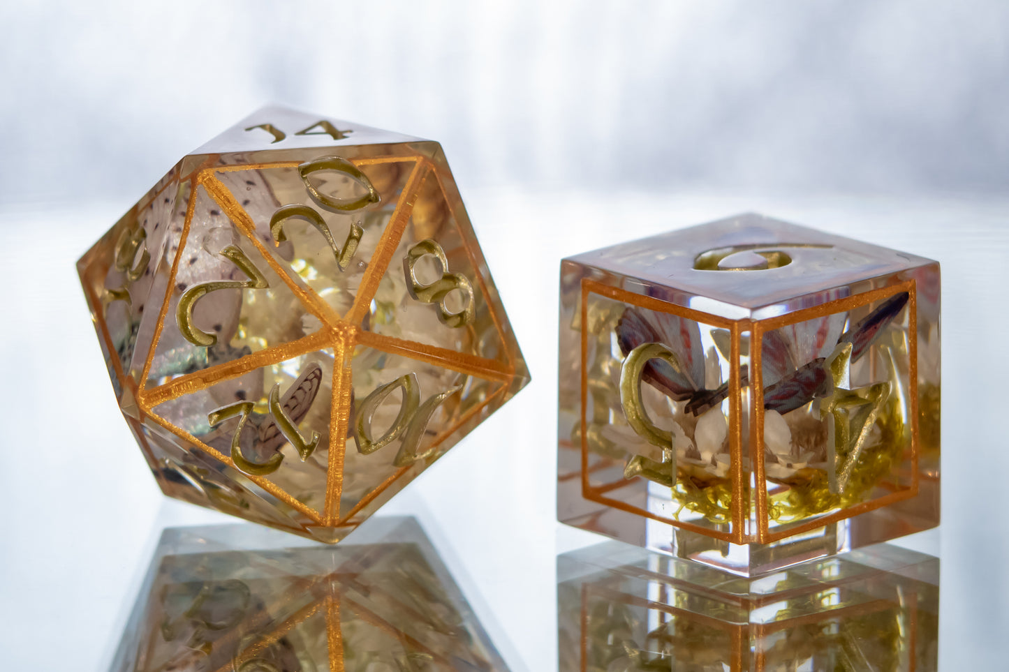 Gold Floral Lepidoptera - 7 Piece Handmade Resin Dice