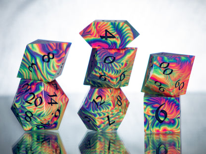 Neon Rainbow Dirty Pour - 7 Piece Handmade Resin Dice