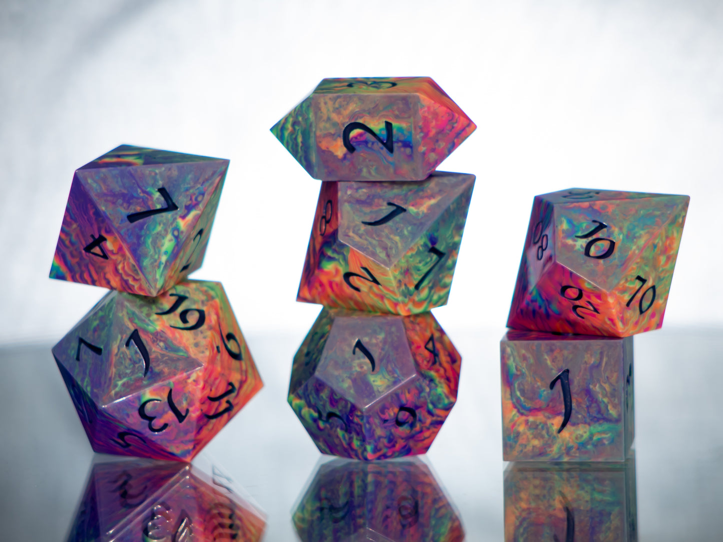 Neon Rainbow Dirty Pour - 7 Piece Handmade Resin Dice