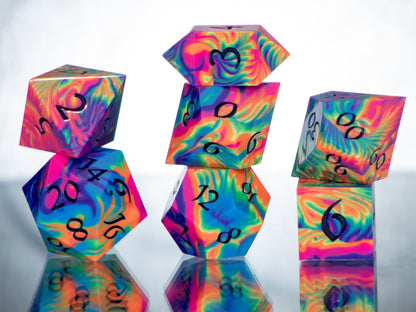 Neon Rainbow Dirty Pour - 7 Piece Handmade Resin Dice