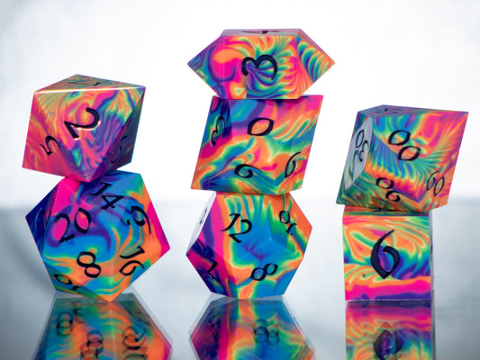 Neon Rainbow Dirty Pour - 7 Piece Handmade Resin Dice