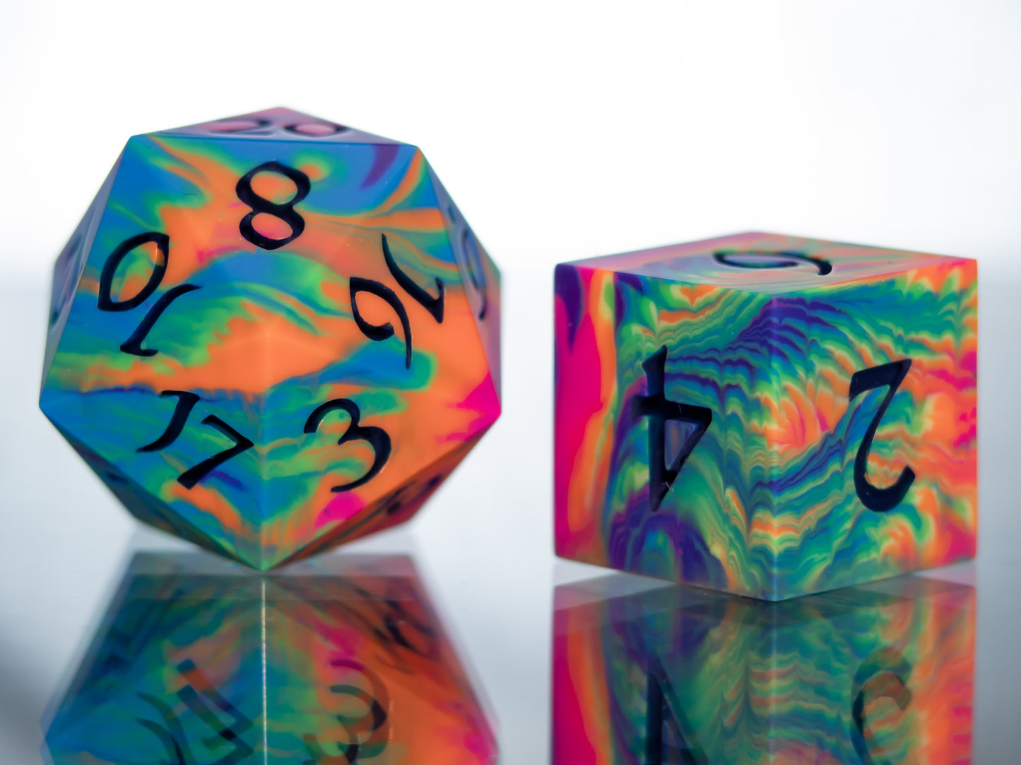 Neon Rainbow Dirty Pour - 7 Piece Handmade Resin Dice