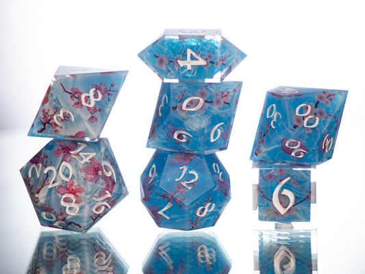 Sakura on the Water - 7 Piece Handmade Resin Dice