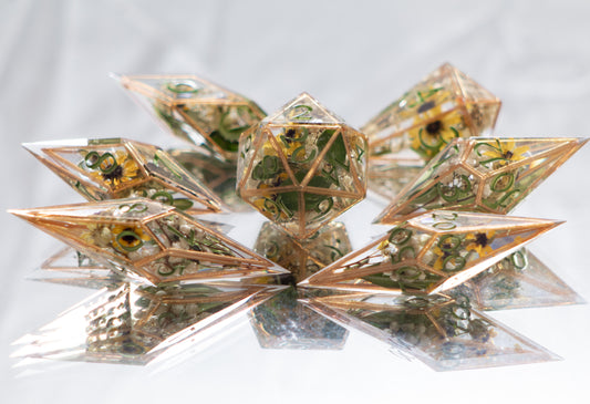 Sunflower Terrarium - Sharp 7 Piece Handmade Resin Dice