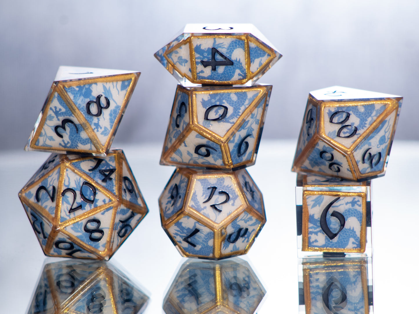 Gilded Qinghua - 7 Piece Handmade Resin Dice