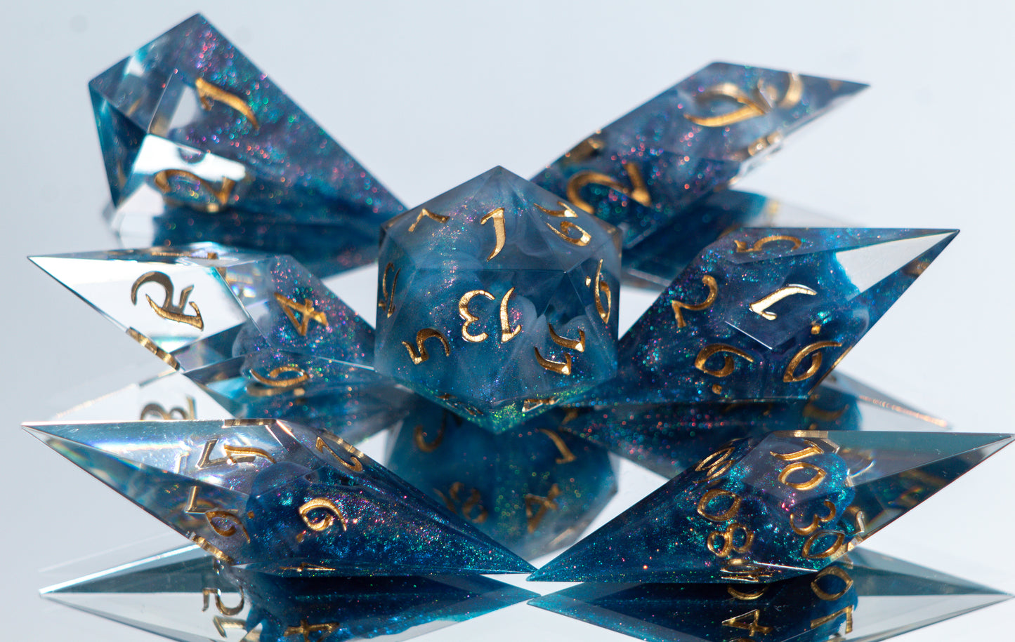 Teal Nebula - Sharp 7 Piece Handmade Resin Dice