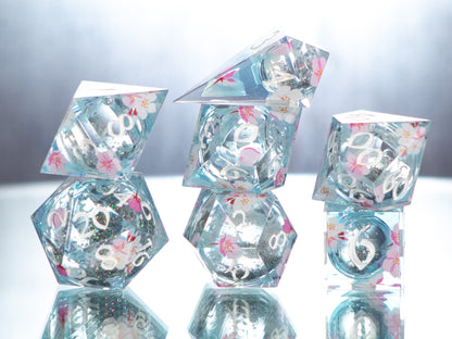 Sakura on the Water - 7 Piece Handmade Liquid Core Dice