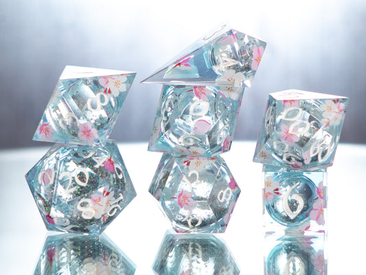 Sakura on the Water - 7 Piece Handmade Liquid Core Dice