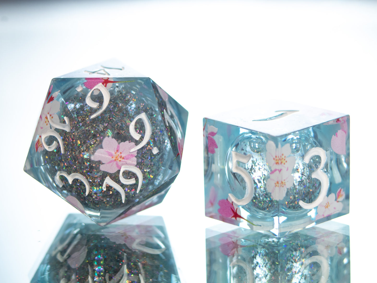 Sakura on the Water - 7 Piece Handmade Liquid Core Dice