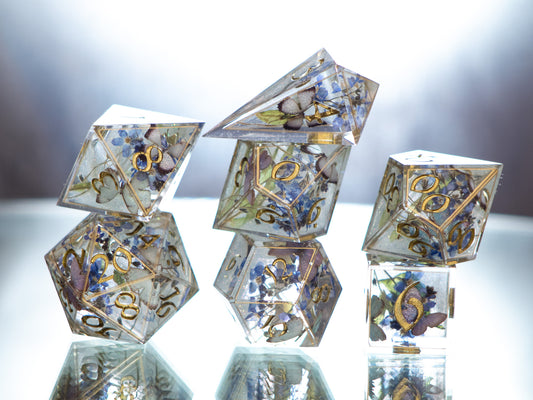 Forget-Me-Not Butterfly Terrarium - 7 Piece Handmade Resin Dice