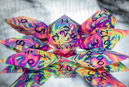 Neon Rainbow Dirty Pour: Sharp 7 Piece Handmade Resin Dice