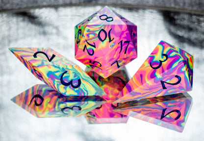 Neon Rainbow Dirty Pour: Sharp 7 Piece Handmade Resin Dice