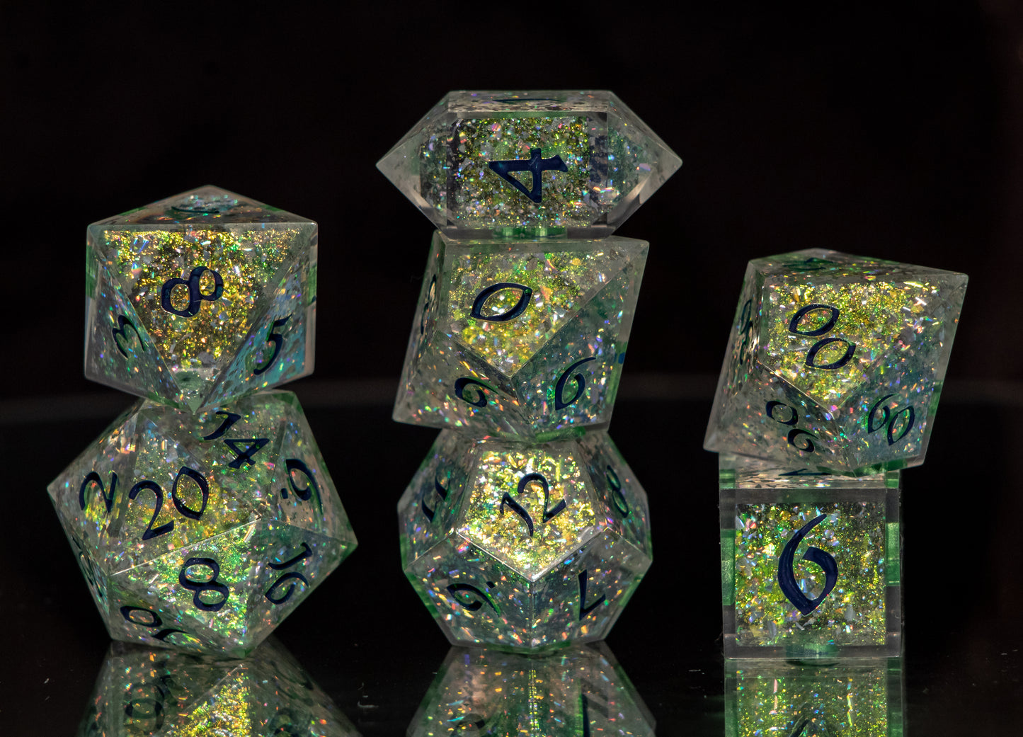 Green Glitter Bomb - 7 Piece Handmade Resin Dice