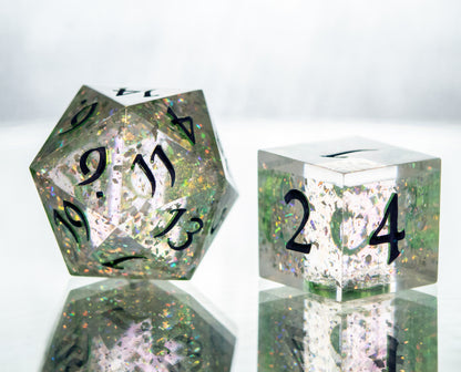 Green Glitter Bomb - 7 Piece Handmade Resin Dice