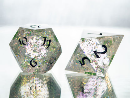 Green Glitter Bomb - 7 Piece Handmade Resin Dice