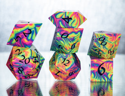 Neon Rainbow Dirty Pour: 7 Piece Handmade Resin Dice