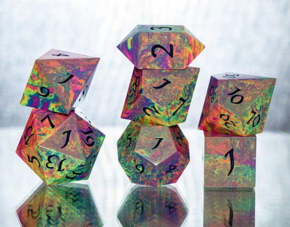 Neon Rainbow Dirty Pour: 7 Piece Handmade Resin Dice