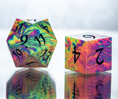 Neon Rainbow Dirty Pour: 7 Piece Handmade Resin Dice