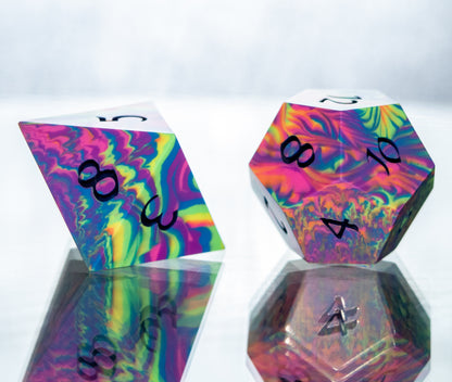 Neon Rainbow Dirty Pour: 7 Piece Handmade Resin Dice