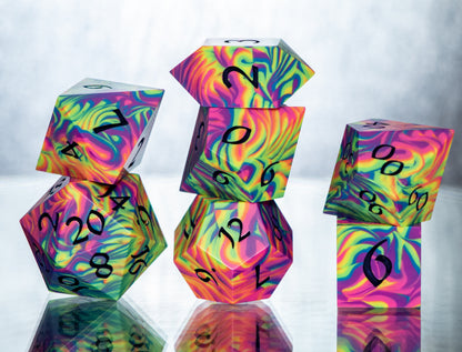 Neon Rainbow Dirty Pour: 7 Piece Handmade Resin Dice