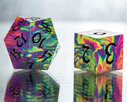 Neon Rainbow Dirty Pour: 7 Piece Handmade Resin Dice