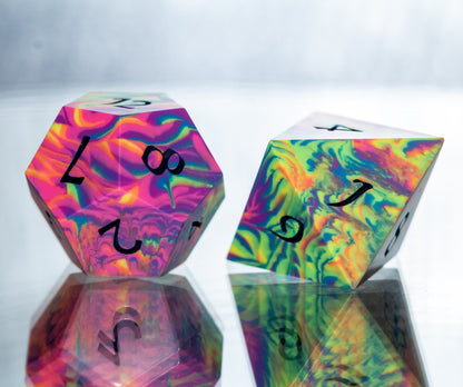 Neon Rainbow Dirty Pour: 7 Piece Handmade Resin Dice