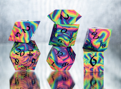 Neon Rainbow Dirty Pour: 7 Piece Handmade Resin Dice