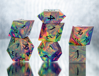 Neon Rainbow Dirty Pour: 7 Piece Handmade Resin Dice