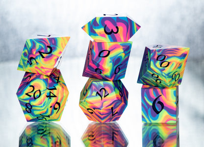 Neon Rainbow Dirty Pour: 7 Piece Handmade Resin Dice