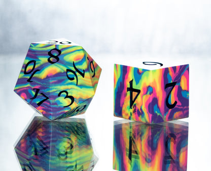 Neon Rainbow Dirty Pour: 7 Piece Handmade Resin Dice