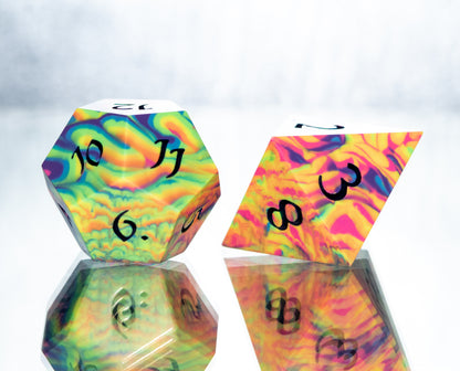 Neon Rainbow Dirty Pour: 7 Piece Handmade Resin Dice