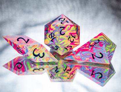 Neon Fever Dream- Sharp 7 Piece Handmade Resin Dice