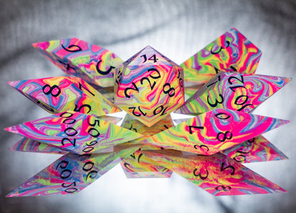 Neon Fever Dream- Sharp 7 Piece Handmade Resin Dice